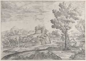 Ein Haus auf einem runden Felsen in der Mitte, Menschen im Fluss und in Kanus, 1626-80