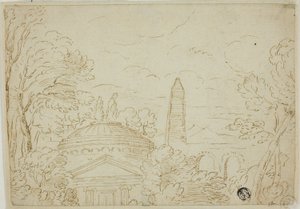 Landschaft mit Tempel, Obelisk und Aquädukt