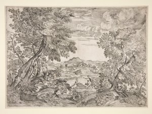Landschaft mit drei Männern an einem Fluss