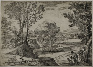 Frau, ihr Kind und ein stehender Mann in einer Landschaft