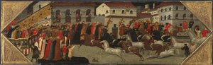 Tafel von einem Cassone: Das Rennen des Palio in den Straßen von Florenz, 1418