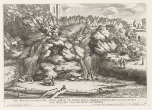 Landschaft mit Kaskade und Tempel der Tiburtinischen Sibylle in Tivoli