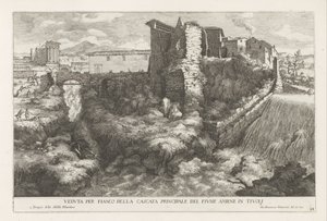 Landschaft mit Wasserfall und Tempel der Tiburtinischen Sibylle in Tivoli