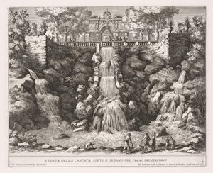 Die Brunnen von Rom (Le fontane di Roma), Buch IV, Platte 21: Ansicht des Wasserfalls unterhalb der Orgel aus dem Garten (Veduta della Cascata Sotto L
