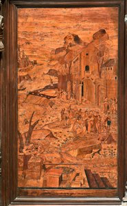 Genua, Duomo (St. Laurentius-Kathedrale), innen, Apsis, Chor, Nordseite: "Moses aus den Wassern gerettet", Holzeinlegearbeit von Giovanni Francesco Zambelli (16. Jahrhundert) von Giovanni Francesco Zambelli
