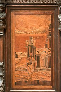 Genua, Duomo (St. Laurentius-Kathedrale), innen, Apsis, Chor, Nordseite: "Der Täufer in der Wildnis", Holzeinlegearbeit von Giovanni Francesco Zambelli (16. Jahrhundert) von Giovanni Francesco Zambelli