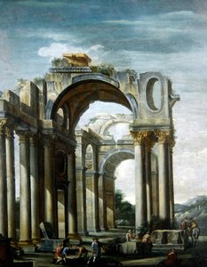 Capriccio klassischer Ruinen mit Figuren von Giovanni Ghisolfi