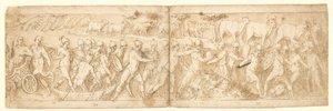 Barbarische Flüchtlinge und ihre Tiere werden aus ihrem Versteck geholt (CXVI); oben links das Ende einer Kartusche mit einer Schriftrolle (Guerra