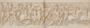 Römischer Angriff (Ende von LXXVI); barbarische Häuptlinge werden gefangen genommen (LXXVII); Aufbruch zu einer Schlacht mit den Sarmaten (Anfang von LXXVIII) von Giovanni Guerra