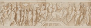 Römische Soldaten bauen ein Lager (Ende von LXXXII); eine Ansprache (LXXXIII); Römer überqueren einen Fluss auf einer Pontonbrücke (LXXXIV); Frauen werden gefangen genommen (Anfang von LXXXV)