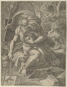 Diogenes sitzt mit seinem Fass hinter sich und liest ein Buch, während er einen Stock hält, ca. 1526-27