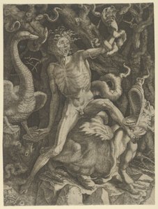 Wut personifiziert als alter Mann, der ein Monster reitet und einen Schädel in der linken Hand hält, ca. 1520-39