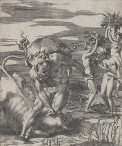 Herkules besiegt den Flussgott Achelous in Form eines Stiers, mit drei Frauen t..., ca. 1526-27