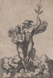 Merkur bringt Psyche zum Olymp, nach Raphaels Komposition in der Villa Farnes..., ca. 1520-39