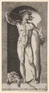 Merkur steht in einer Nische und spielt seine Pfeifen, mit dem abgetrennten Kopf eines alten Mannes, 1526
