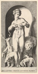 Tafel 2: Ops steht in einer Nische mit den Händen an ihren Brüsten, schaut nach links, mit ..., 1526