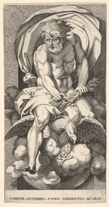 Platte 3: Jupiter, der aus einer Nische auftaucht, auf einem Adler reitet und einen Blitz in seiner Hand hält