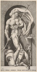 Tafel 5: Neptun steht in einer Nische und hält einen Dreizack, mit einem Hippocampus-See-Pferd, 1526