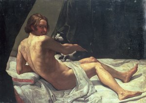 Junger Mann liegt mit einer Katze auf einem Bett, 1620