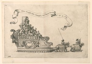 Ein Festwagen in Reggio, Italien: "Carro trionfale della Compagnia di S. Rocco" (Der Triumphwagen der Gesellschaft von St. Rochus). Platte 2b aus A. Isacchi, "Relatione di Alfonso Isachi intorno l