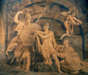 Herkules an der Weggabelung zwischen Eitelkeit und Ruhm, Intarsienarbeit von Giovanni Maffezzoli nach einem Entwurf von Giuseppe Diotti, Italien