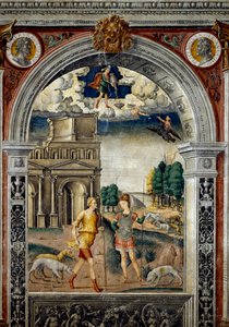 Sternzeichen: „Wassermann“ Oben Medaillons mit Porträts der Kaiser Septimius Severus und Pescennius Niger, seines Rivalen. Unten, Legende zur Entstehung der Konstellation des Zeichens: die Göttin Diana mit einem Jäger