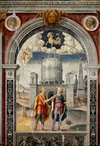 Sternzeichen: „Der Steinbock“ Oben Medaillons mit Porträts des Kaisers Publius Helvius Pertinax und des römischen Generals Aidius Cassius. Unten, Legende, die mit der Geburt des Sternbildes verbunden ist, das dem Zeichen entspricht: der Gott Jupiter und Pa