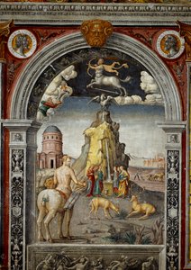 Sternzeichen: „Der Schütze“ Oben Medaillons mit Porträts der Kaiser Didius Julianus und Commodus. Unten, Legende, die mit der Geburt des Sternbildes verbunden ist, das dem Zeichen entspricht: Ansicht des Berges Helikon mit den Quellen Aganippe und Hippokre von Giovanni Maria Falconetto