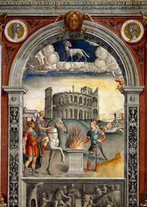 Sternzeichen: „Der Widder“ Oben Medaillons mit Porträts von Julius Caesar und Augustus. Unten, Legende zur Entstehung der Konstellation des Zeichens: Caius Mucius Scaevola im feindlichen Lager des etruskischen Königs von Giovanni Maria Falconetto