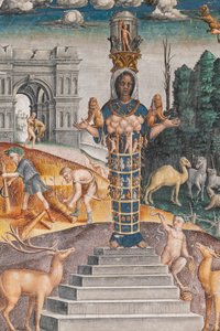 Das astrologische Zeichen des Löwen mit Diana, zwei Hirschen und einem Satyr wie auf einem Sarkophag im Bleinhaim-Palast; im Hintergrund der Arco degli Argentari in Rom und Herkules im Kampf gegen den nemeischen Löwen, Kammer des Tierkreises (Camera dello 