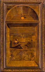 Kanonischer Chor aus Holz, Intarsien von Giovanni Maria Platina 1484, Oberer Stall, Blick auf das Castello Sforzesco in Mailand