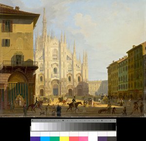 Blick auf die Piazza Duomo in Mailand, Italien (Domplatz in Mailand) Gemälde von Giovanni Migliara (1785-1837) 1828 Private Sammlung