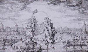 Feuerwerk zur Feier der Geburt des Dauphin (Sohn von Ludwig XV) graviert von Jean Dumont (Le Romain) (1701-81) 1730 von Giovanni Niccolo (after) Servandoni
