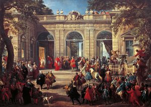 Karl III. von Bourbon bei einem Besuch bei Papst Benedikt XIV. im Kaffeehaus des Quirinals
