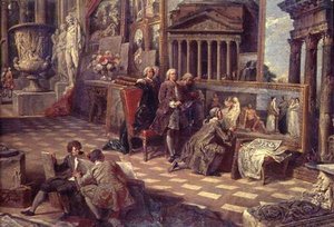 Detail des Inneren einer imaginären Bildergalerie von Giovanni Paolo Pannini