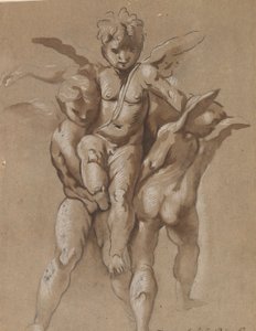 Zwei Putti tragen einen dritten Putti (recto); Ein Jüngling mit einem Stab (verso)