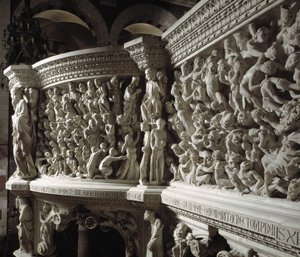 Detail des Stuhls von Giovanni Pisano (1248-1314): Christus Richter zwischen den Auserwählten und den Verdammten (Detail) 1302-1311 Kathedrale von Pisa, Italien von Giovanni Pisano