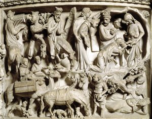 Detail der Reliefs des Stuhls von Giovanni Pisano: Die Reise und die Anbetung der Heiligen Drei Könige (Detail der Reliefs des Marmorpults)