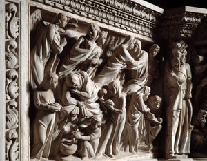 Detail der Reliefs des Stuhls von Giovanni Pisano (1248-1314): Verkündigung, Heimsuchung und Geburt Johannes des Täufers (Detail)