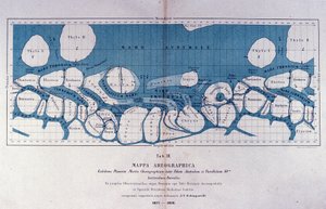 Karte des Planeten Mars von Giovanni Virginio Schiaparelli (1835-1910), Astrophysiker. Er beobachtete geradlinige Konfigurationen auf dem Planeten Mars, die er die Marskanäle (canali) nannte. 1877-1878 von Giovanni Schiaparelli