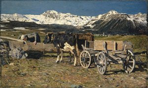 Am Wasserplatz (Kühe im Joch) von Giovanni Segantini