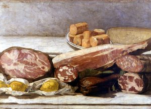 Die Freude der Farbe, Stillleben mit Aufschnitt. 1886. Mailand, priv. Sammlung von Giovanni Segantini