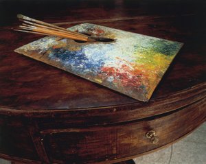 Die Palette des Malers in seiner Werkstatt am Malojapass, Schweiz, von Giovanni Segantini von Giovanni Segantini