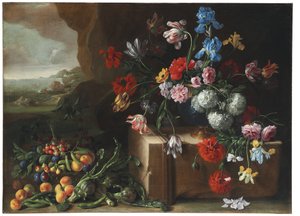 Chrysanthemen, Tulpen, Schwertlilien und andere Blumen und Früchte in einer Landschaft von Giovanni Stanchi
