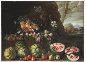 Wassermelonen, Pfirsiche, Birnen und anderes Obst in einer Landschaft