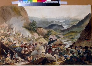 Prinz Pjotr Iwanowitsch Bagration führt die Kosaken zum Angriff in den Alpen
