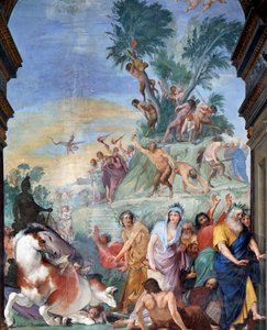 Die Musen und Dichterjagden des Parnassus (Musen und Dichter vom Parnassus vertrieben) Fresko-Detail von Giovanni da San Giovanni (1592-1636) 1634-1642 Museo degli argenti, Palazzo Pitti, Florenz von Giovanni da San Giovanni