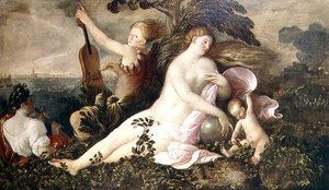 Allegorie eines venezianischen Sieges, die zentrale Figur von Fortuna oder Chance begleitet von Figuren, die Natur und Musik symbolisieren, ca. 1518 von Giovanni de Busi Cariani