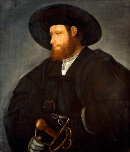Porträt eines Gentlemans, halbe Länge, in schwarzem Kostüm und schwarzem Hut