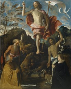 Auferstehung Christi, St. Hieronymus, St. Johannes der Täufer und die Stifter Ottaviano und Domitilla Vimercati im Gebet von Giovanni de Busi Cariani